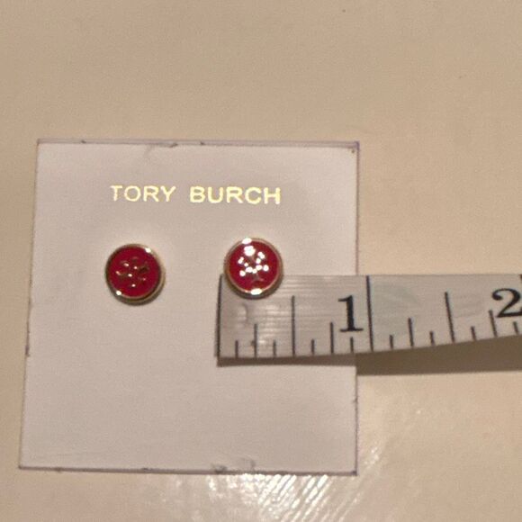 Tory Burch Gold Tone Signature Stud Earrings Red Enamel Double T Logo NEW - Picture 5 of 5